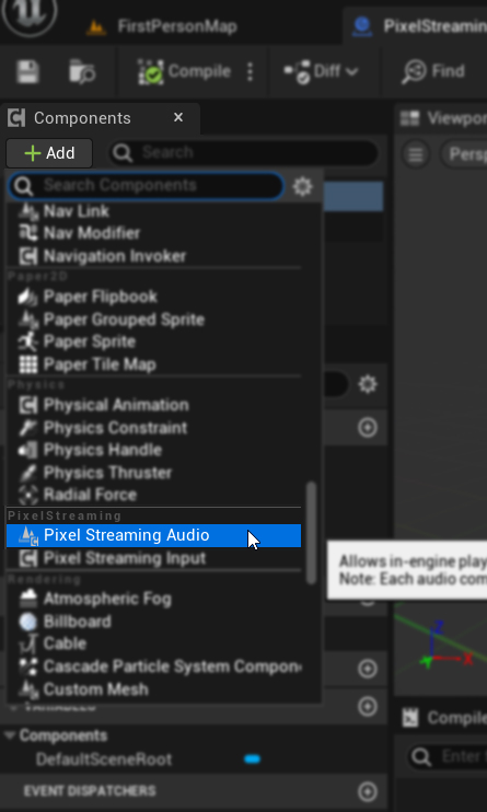 Pixel Streaming Audio-Komponente hinzufügen