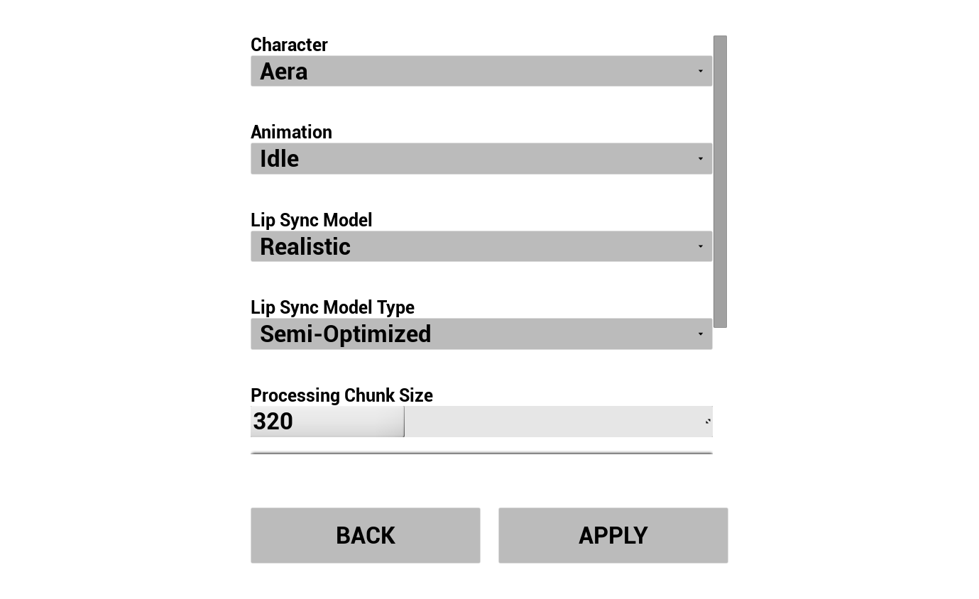Écran de configuration des animations