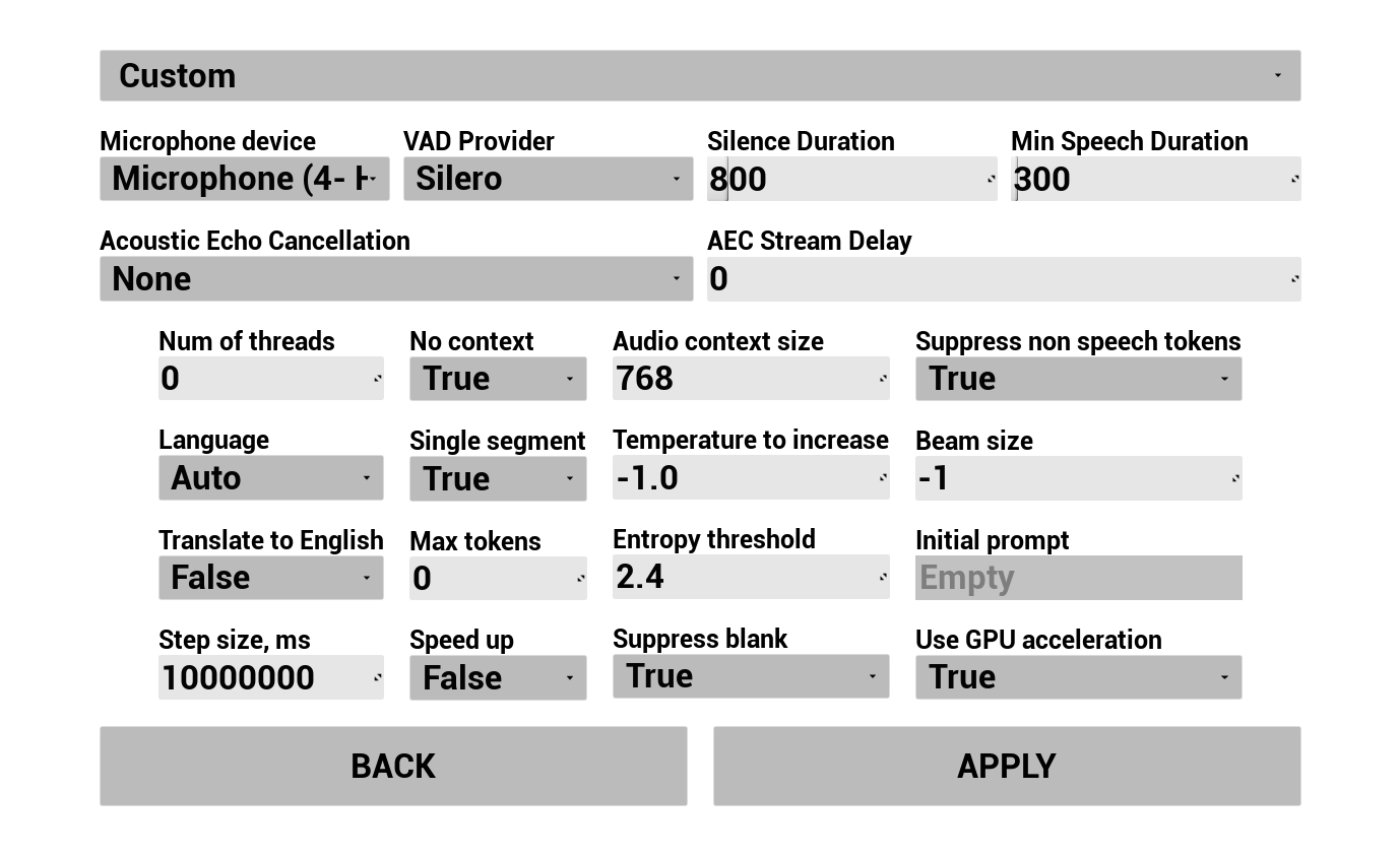 Speech recognition configuration screen