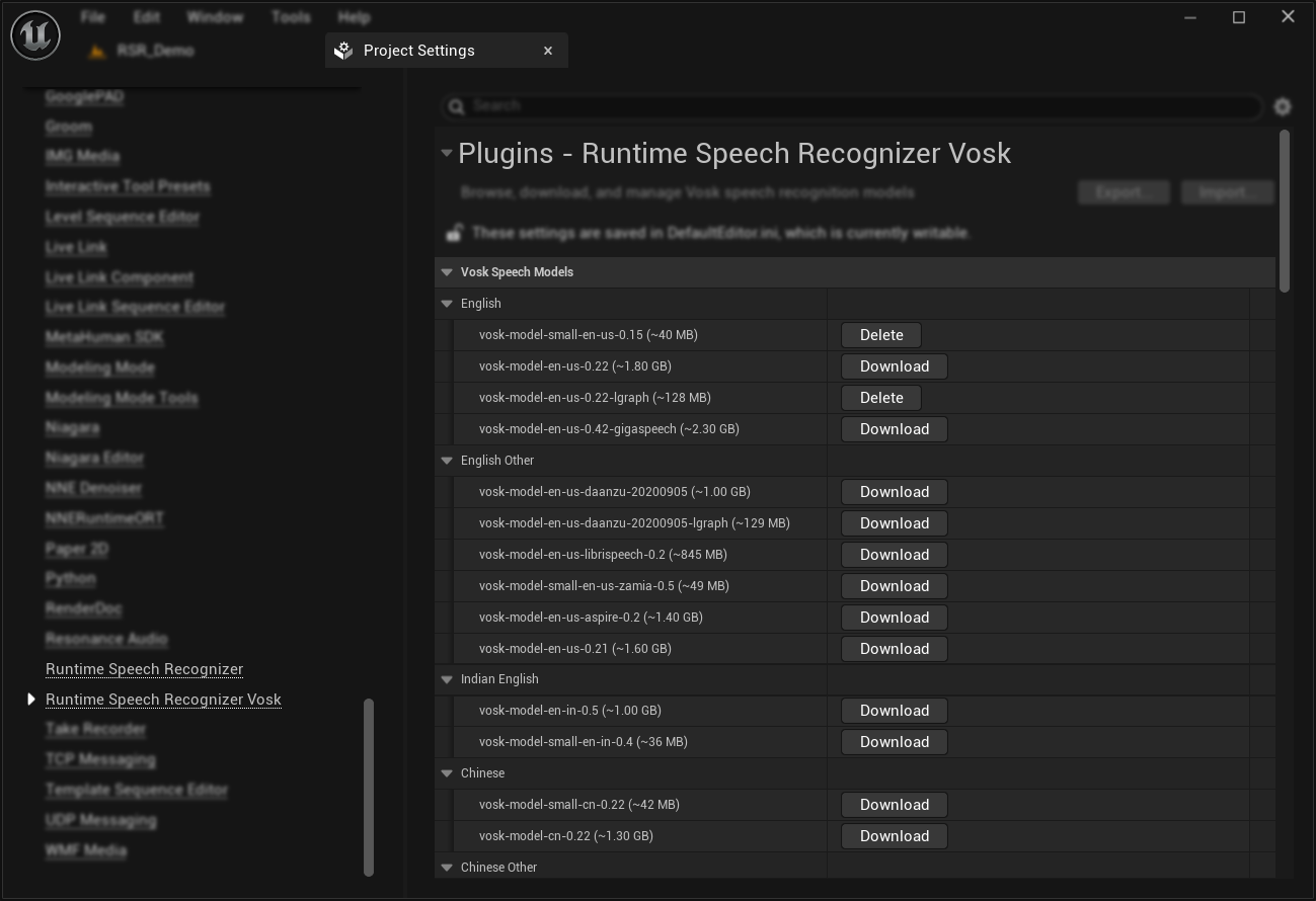 Vosk model settings panel
